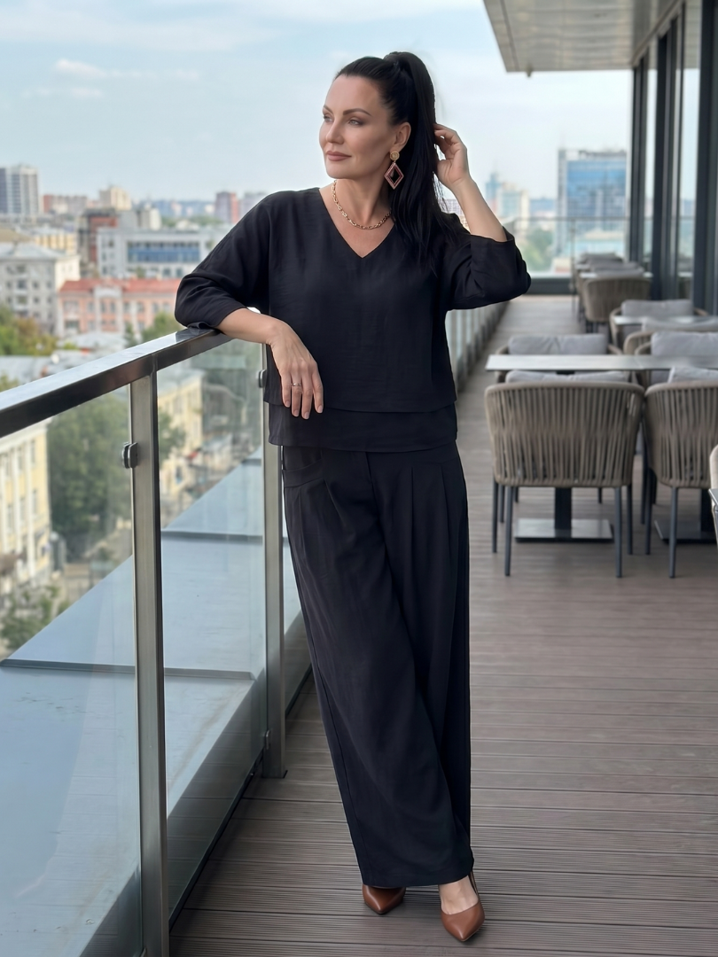 River | Elegant Layered Top with Wide Leg Trousers