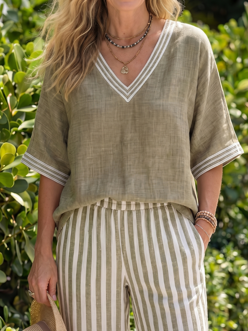Wren | Elegant V-Neck Tunic with Striped Trouser Ensemble