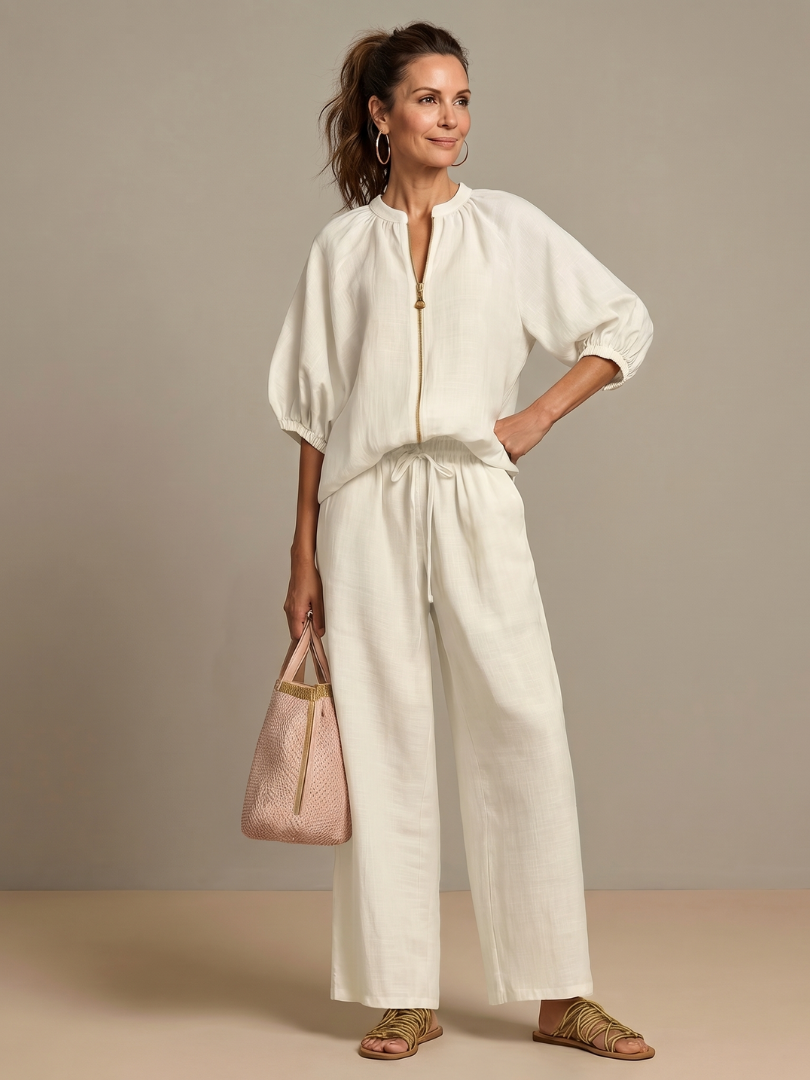 Natalia | Elegant Zip-Front Blouson Top and Wide-Leg Trousers Set