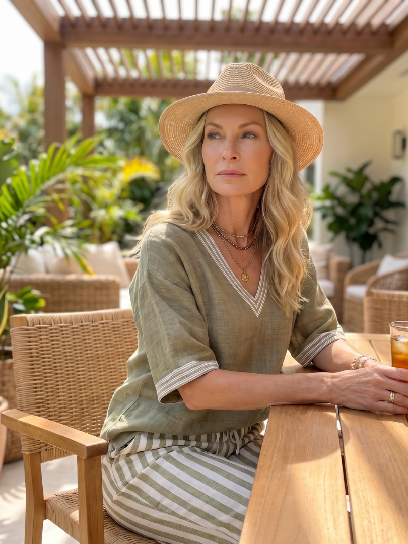 Wren | Elegant V-Neck Tunic with Striped Trouser Ensemble