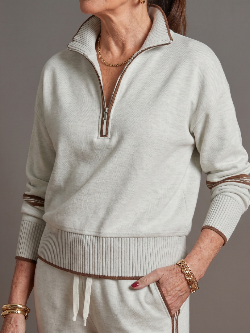 Rain | Luxe Long Sleeve Zip Neck Set with Side Stripe Trousers