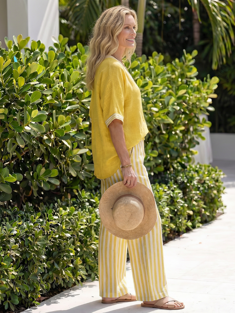 Wren | Elegant V-Neck Tunic with Striped Trouser Ensemble
