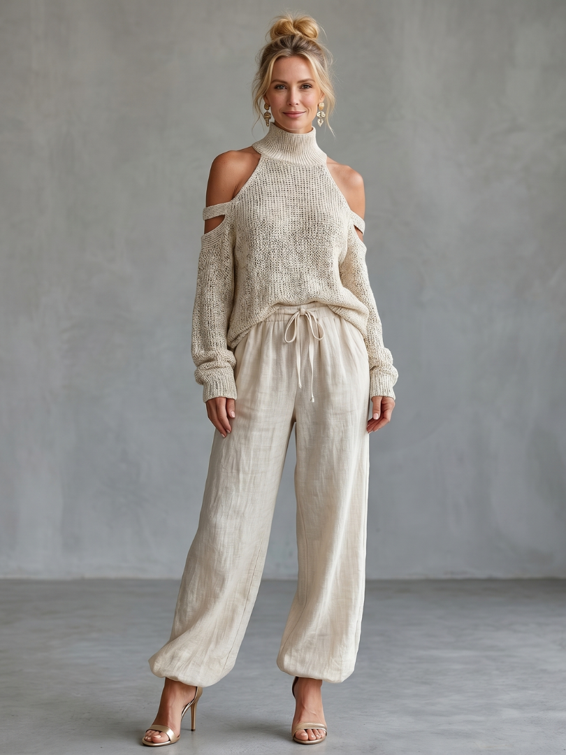 Questa | Elegant Open Shoulder Knit Top with Wide Leg Pants Ensemble