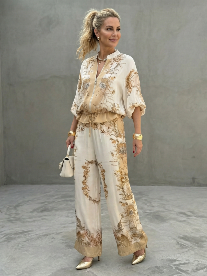 Indie | Printed Blouson Top & Zip-Front Two-Piece Ensemble