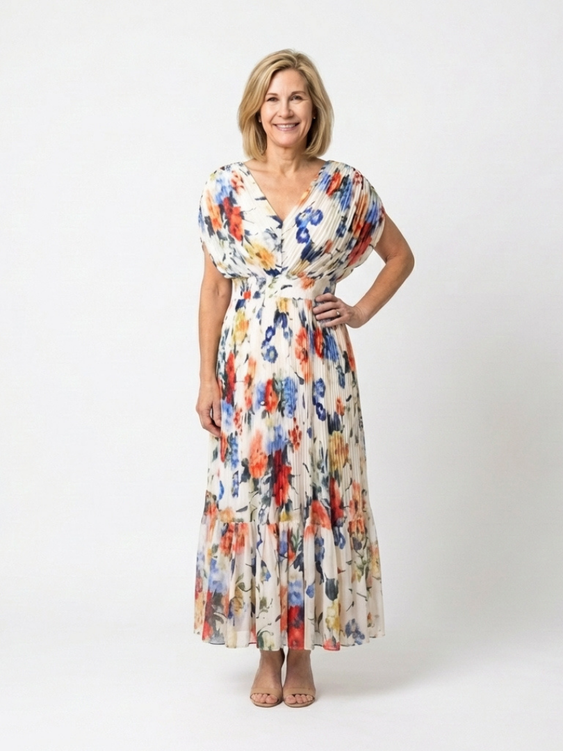 Savannah Floral Pleated Midi Dress with Short Sleeves