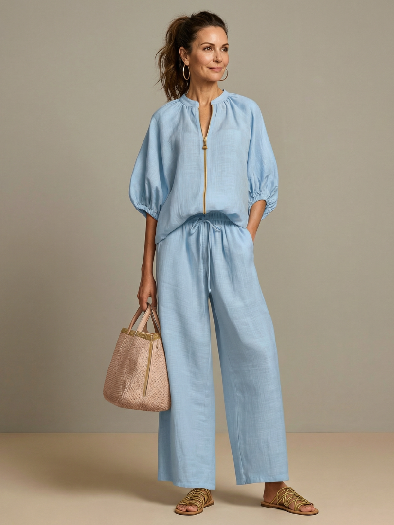 Natalia | Elegant Zip-Front Blouson Top and Wide-Leg Trousers Set