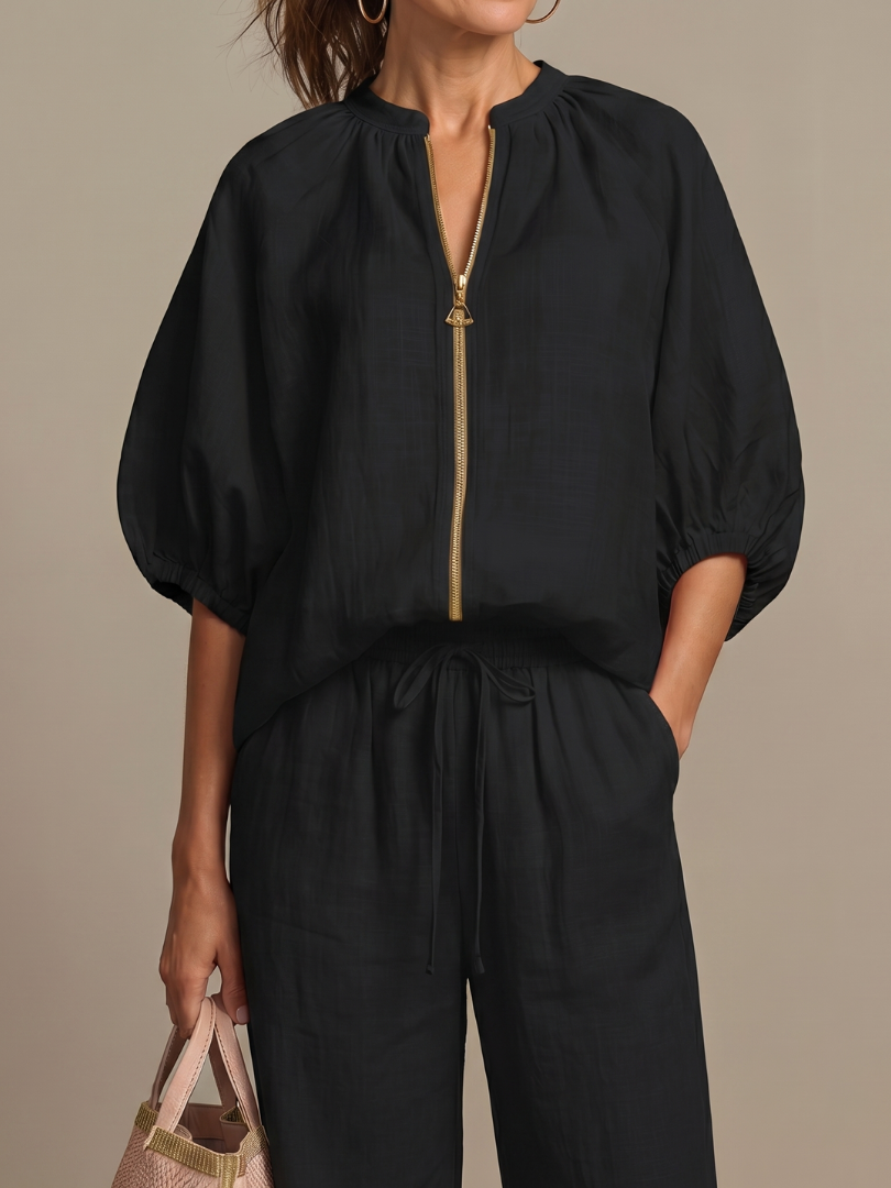 Natalia | Elegant Zip-Front Blouson Top and Wide-Leg Trousers Set