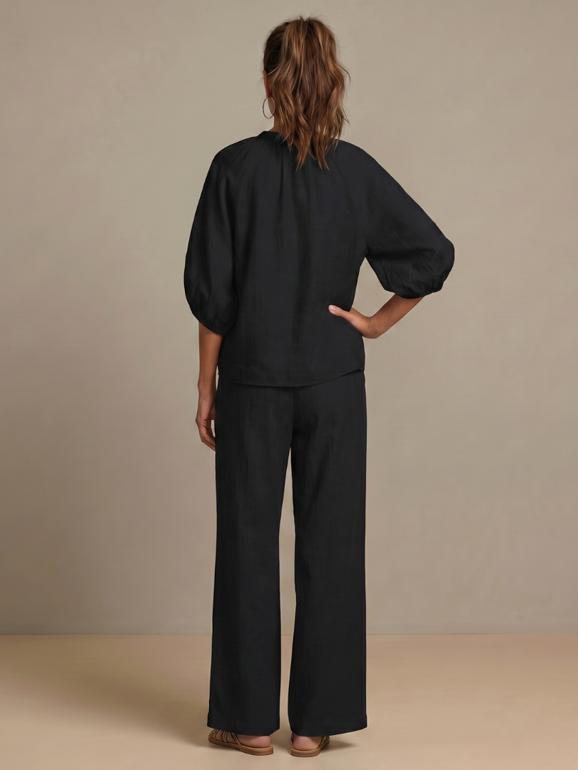 Natalia | Elegant Zip-Front Blouson Top and Wide-Leg Trousers Set