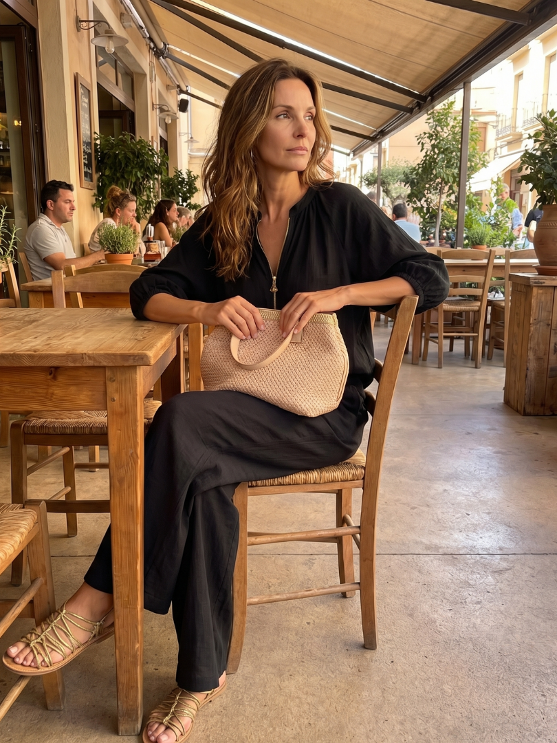 Natalia | Elegant Zip-Front Blouson Top and Wide-Leg Trousers Set