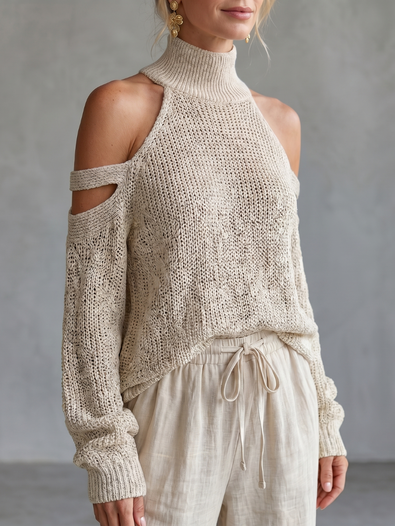 Questa | Elegant Open Shoulder Knit Top with Wide Leg Pants Ensemble