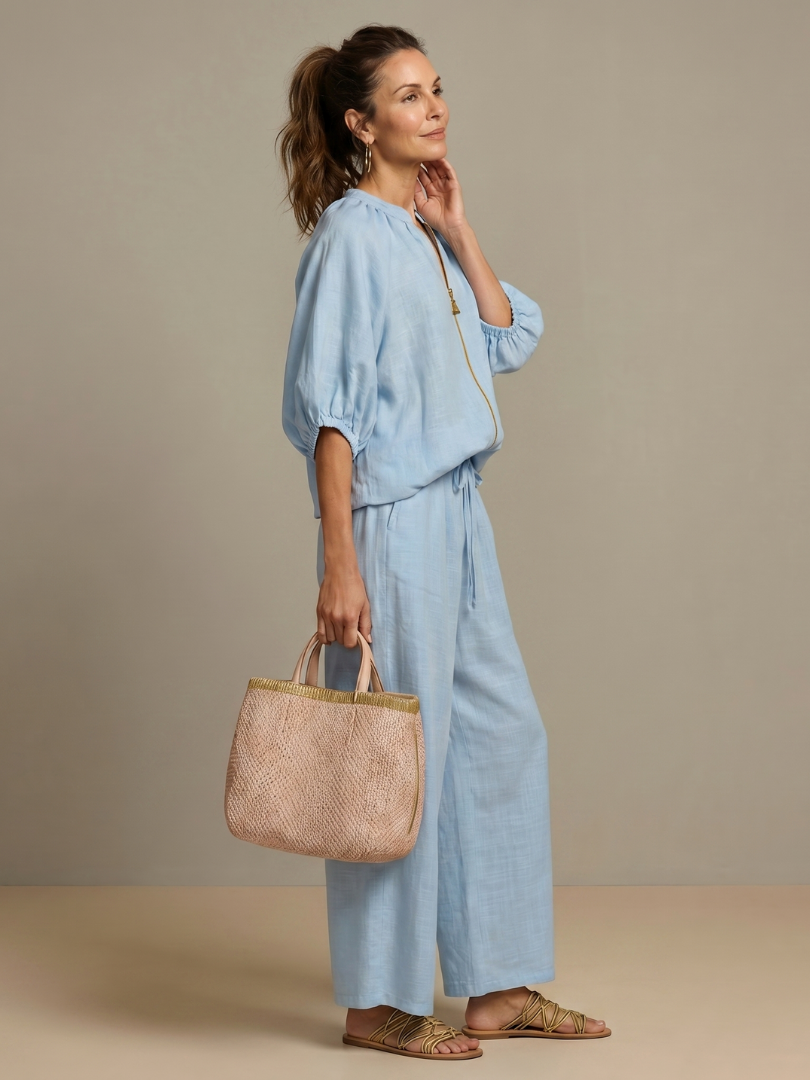 Natalia | Elegant Zip-Front Blouson Top and Wide-Leg Trousers Set