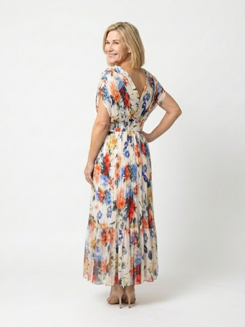 Savannah Floral Pleated Midi Dress with Short Sleeves