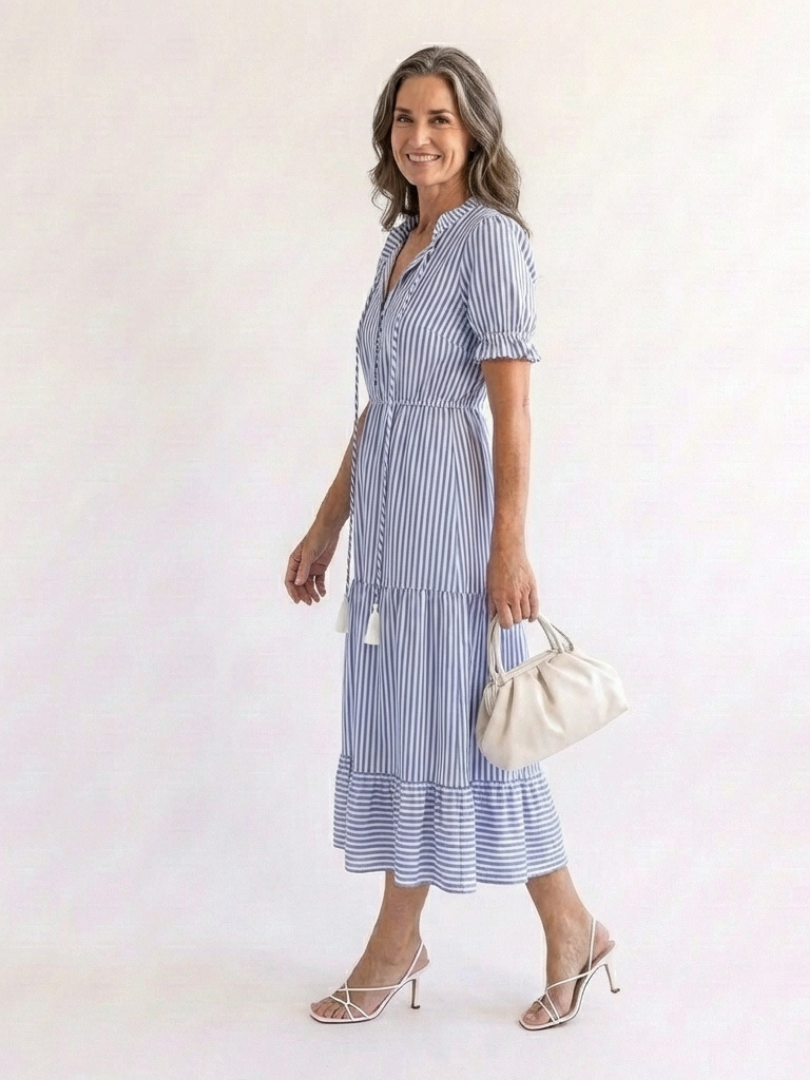 Dakota | Striped Tiered Midi Dress with Short Sleeves