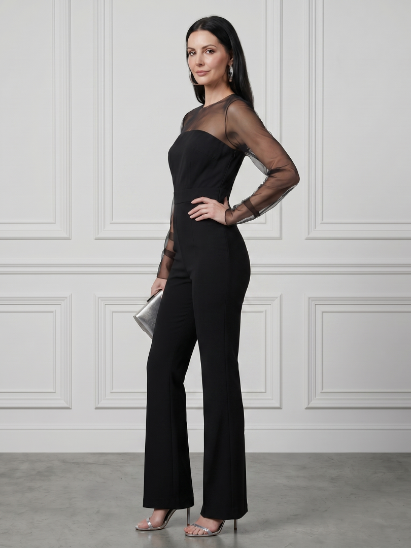 Oksana | Elegant Sheer Bodice Flared Jumpsuit