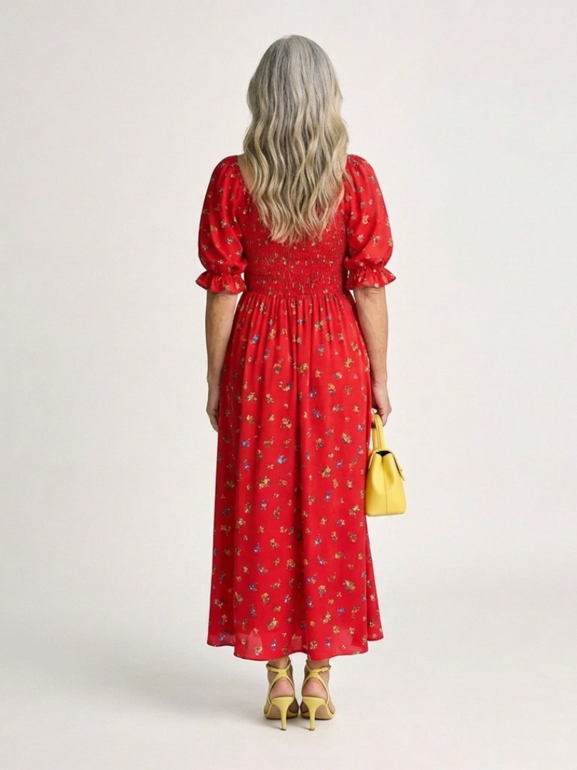Delphine | Floral Puff Sleeve Midi Dress with Square Neck