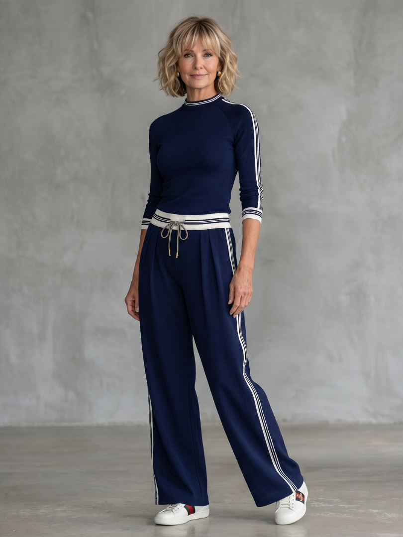 Eirlys | Elegant Fitted Long Sleeve Top with Wide Leg Pants Ensemble