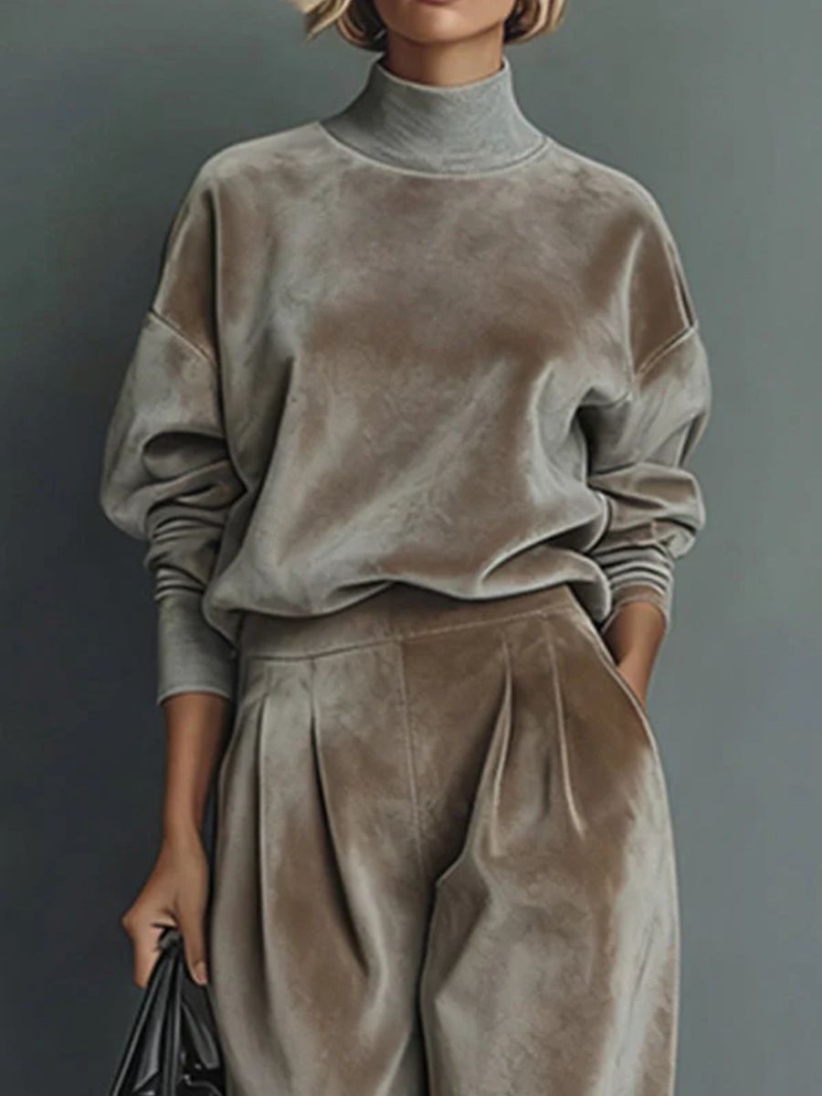Women's turtleneck casual warm Taupe velvet suit