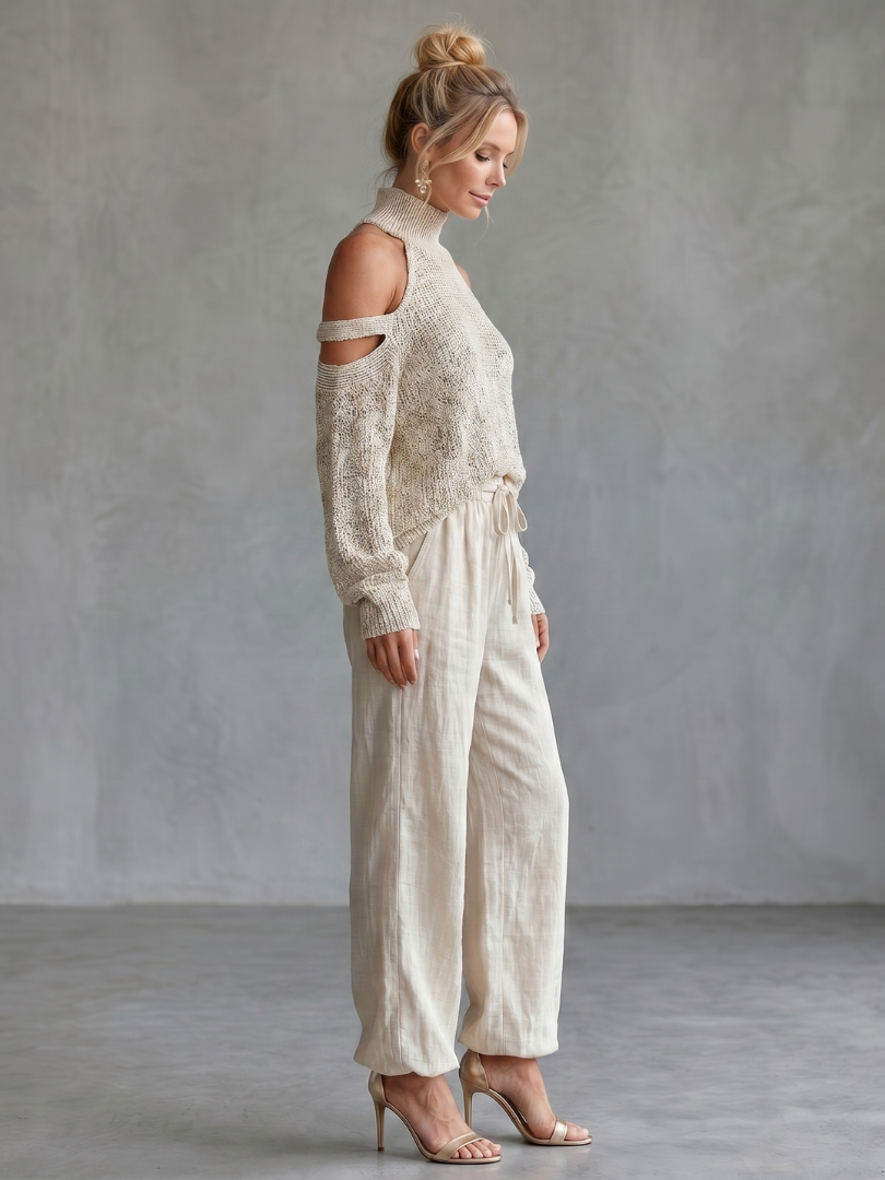 Questa | Elegant Open Shoulder Knit Top with Wide Leg Pants Ensemble