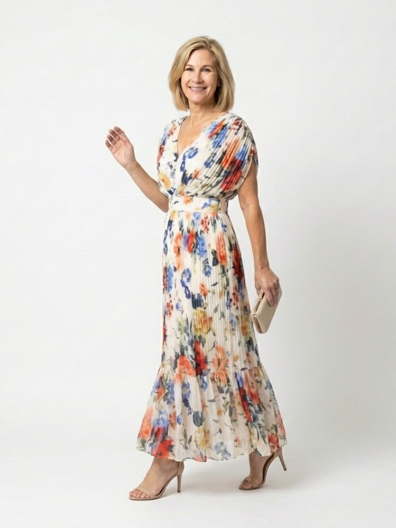 Savannah Floral Pleated Midi Dress with Short Sleeves
