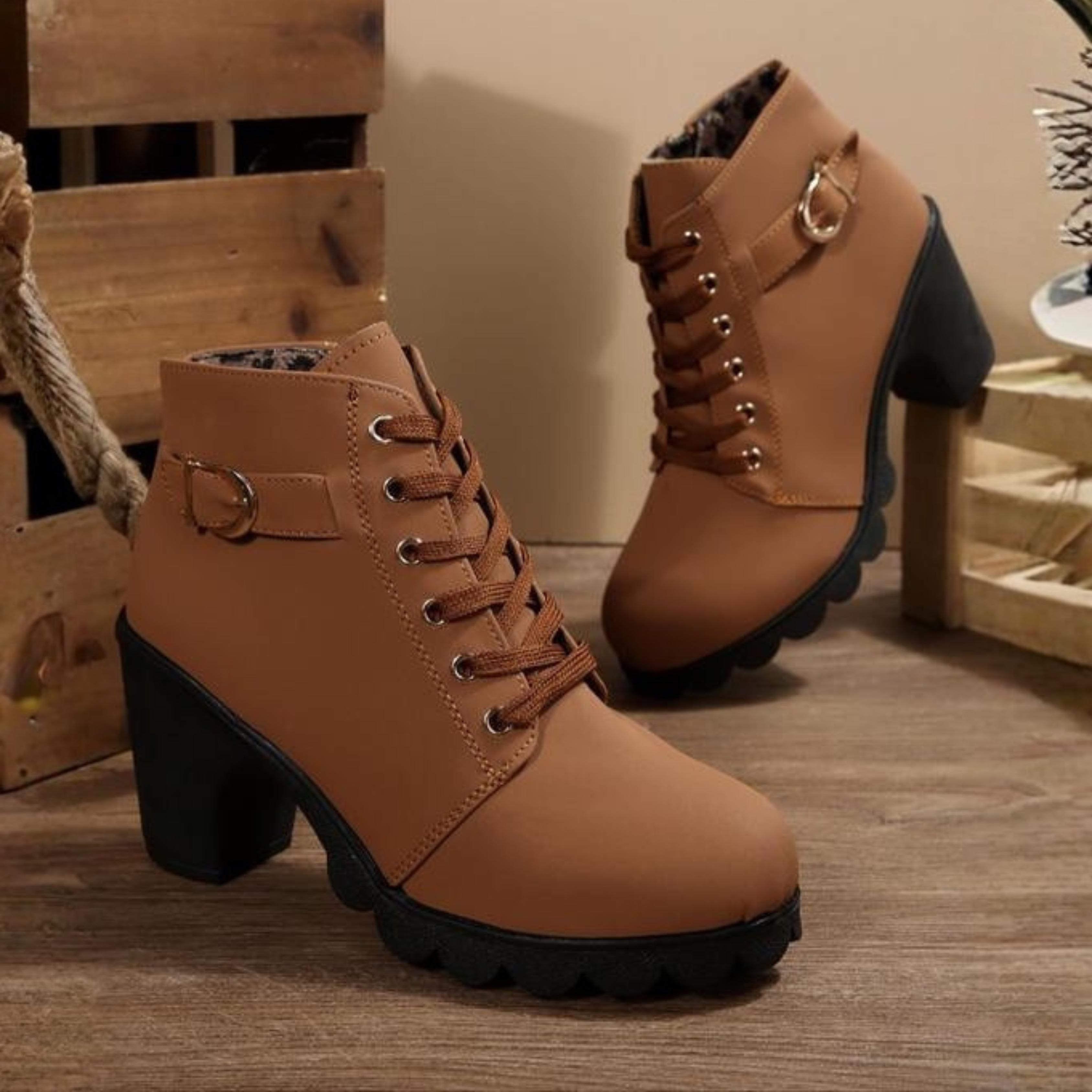Vélin™ - Chic Lace-Up Metal Buckle Chunky Ankle Boots