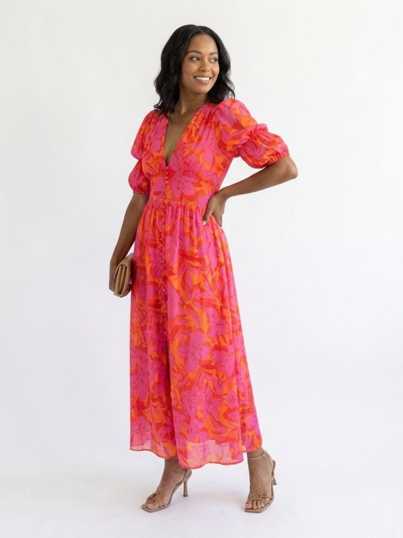 Willow Floral V-Neck Midi Dress with Puff Sleeves