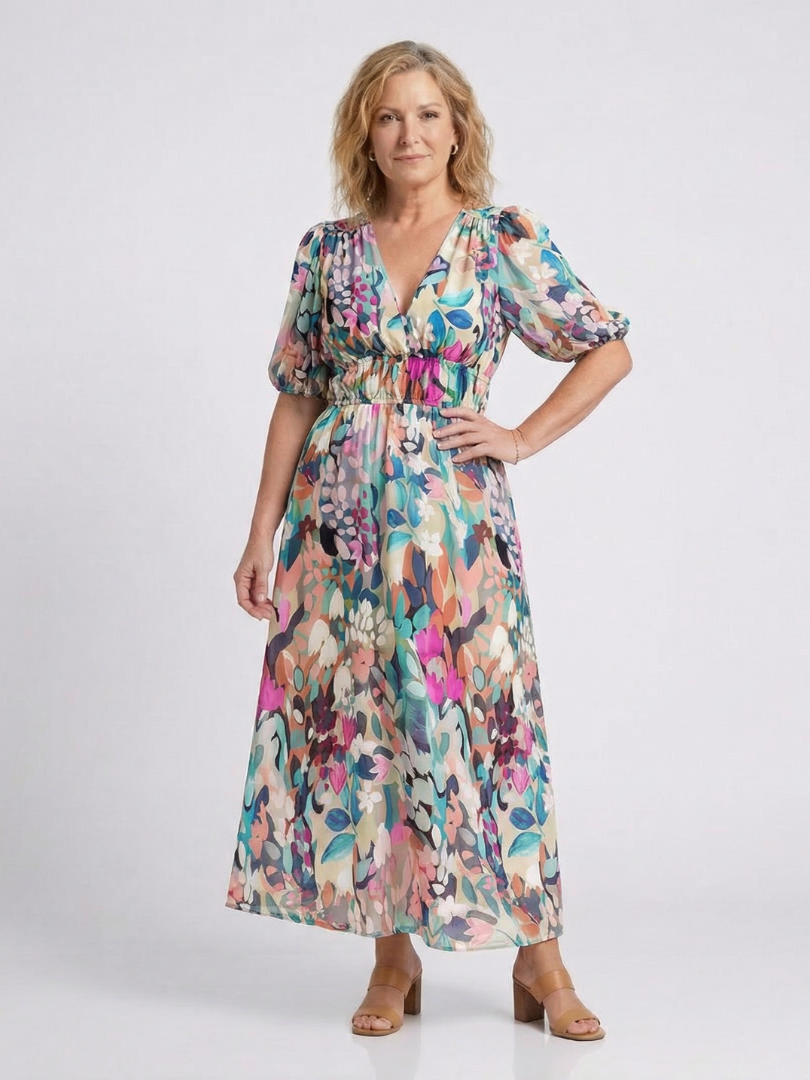 Eulalie | V-Neck Gathered Waist Midi Dress