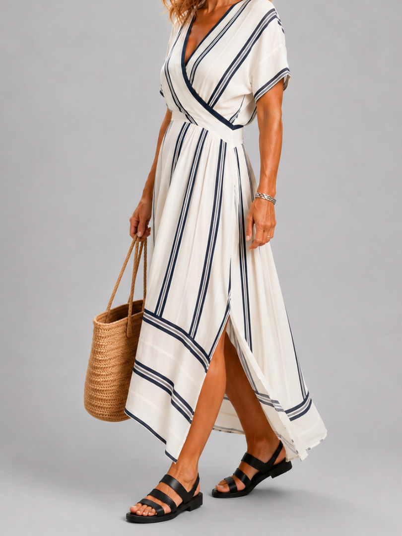 Thalassa | Midi Dress with Short Sleeves, V-Neck, and Wrap Waist