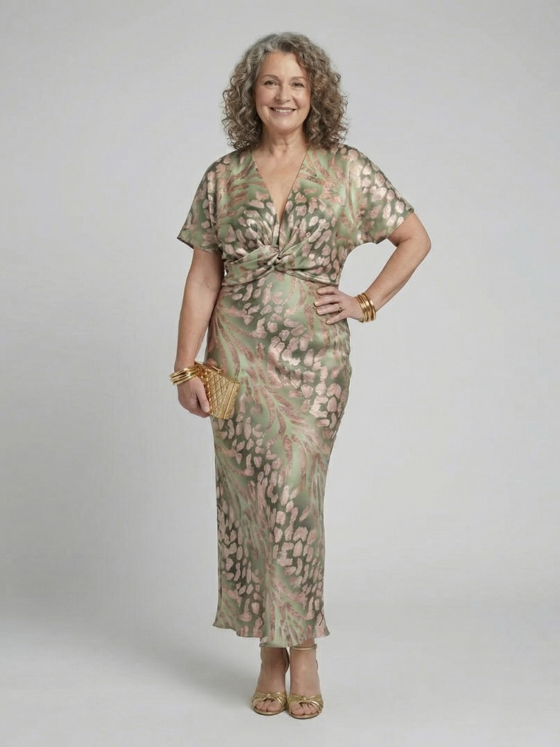 Coralie | Abstract Print V-Neck Twist Midi Dress
