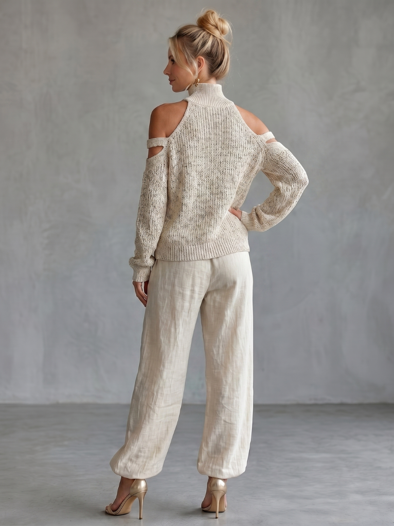Questa | Elegant Open Shoulder Knit Top with Wide Leg Pants Ensemble
