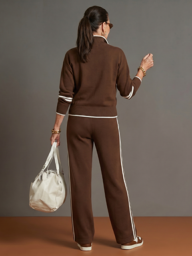 Rain | Luxe Long Sleeve Zip Neck Set with Side Stripe Trousers
