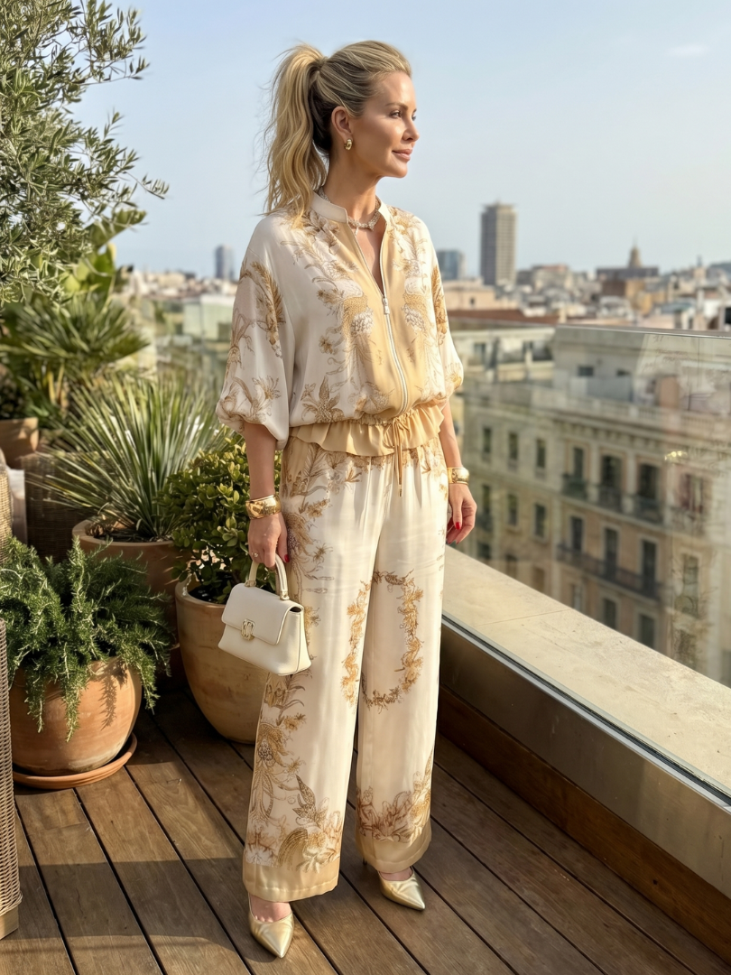Indie | Printed Blouson Top & Zip-Front Two-Piece Ensemble