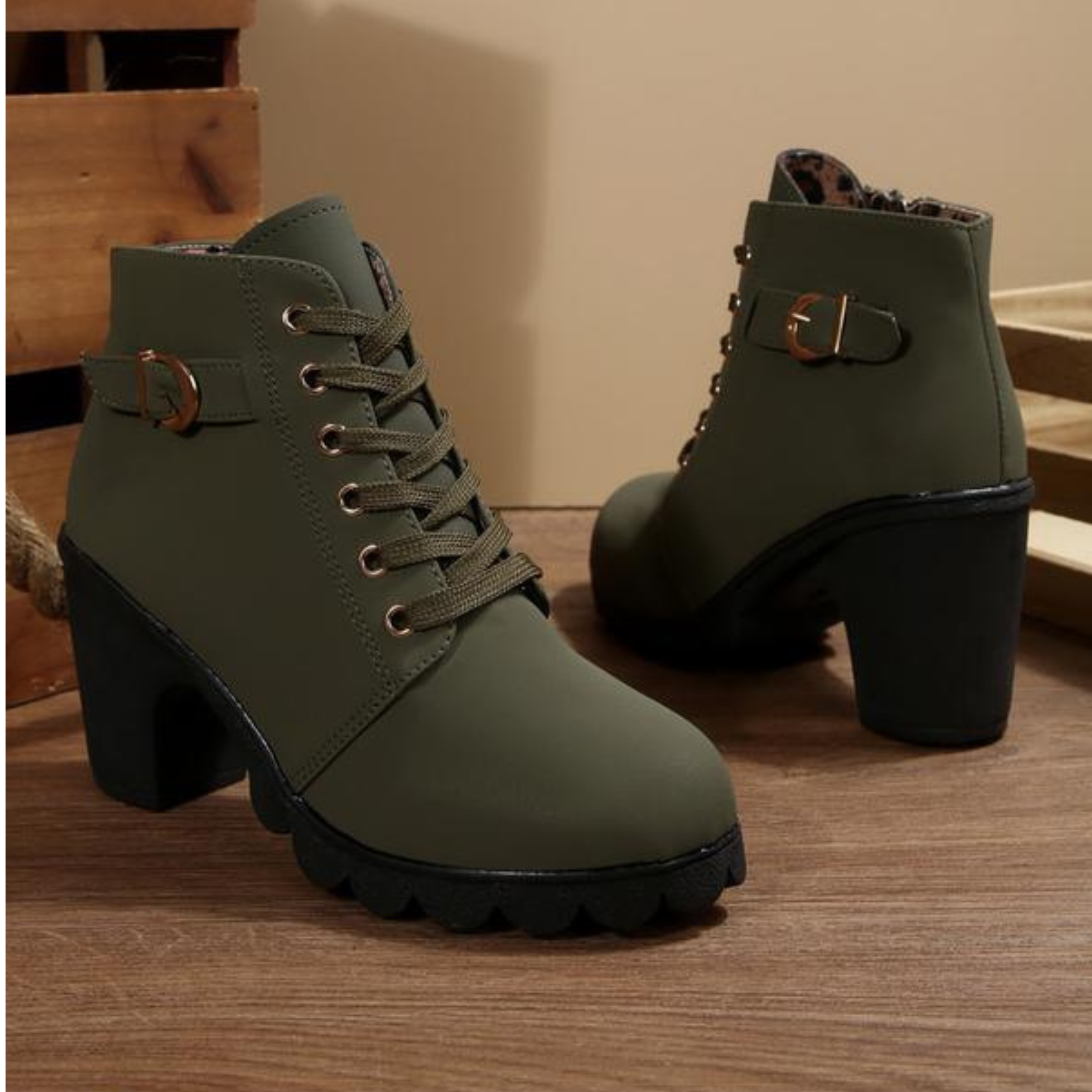 Vélin™ - Chic Lace-Up Metal Buckle Chunky Ankle Boots