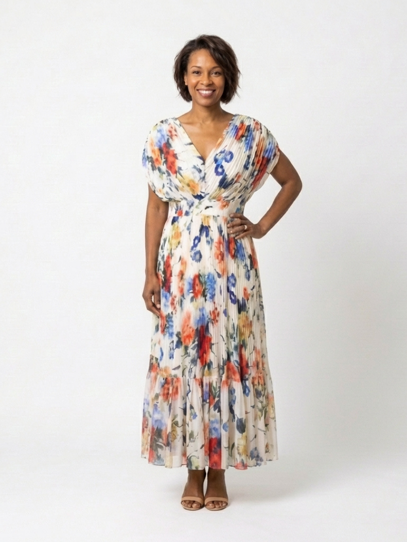 Savannah Floral Pleated Midi Dress with Short Sleeves