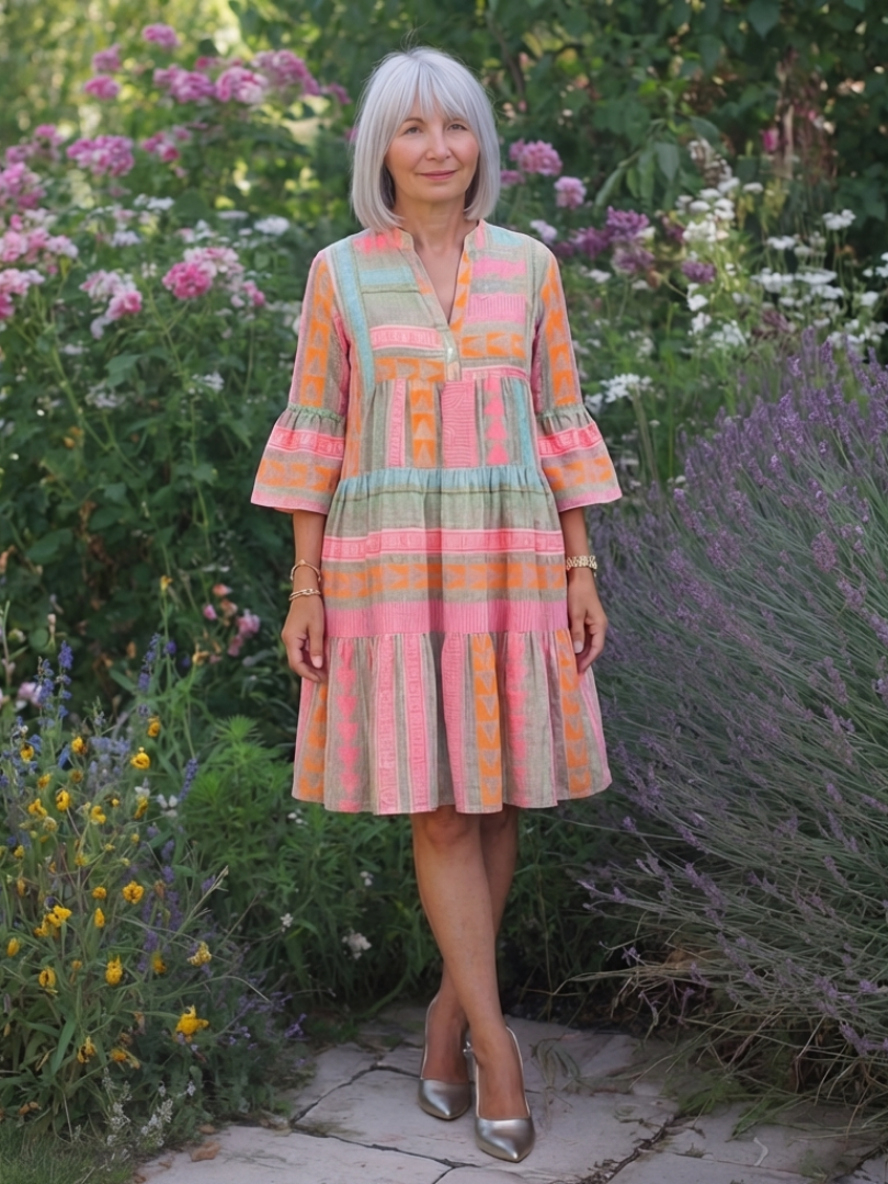 Maelle | Geometric Print V-Neck Tiered Dress