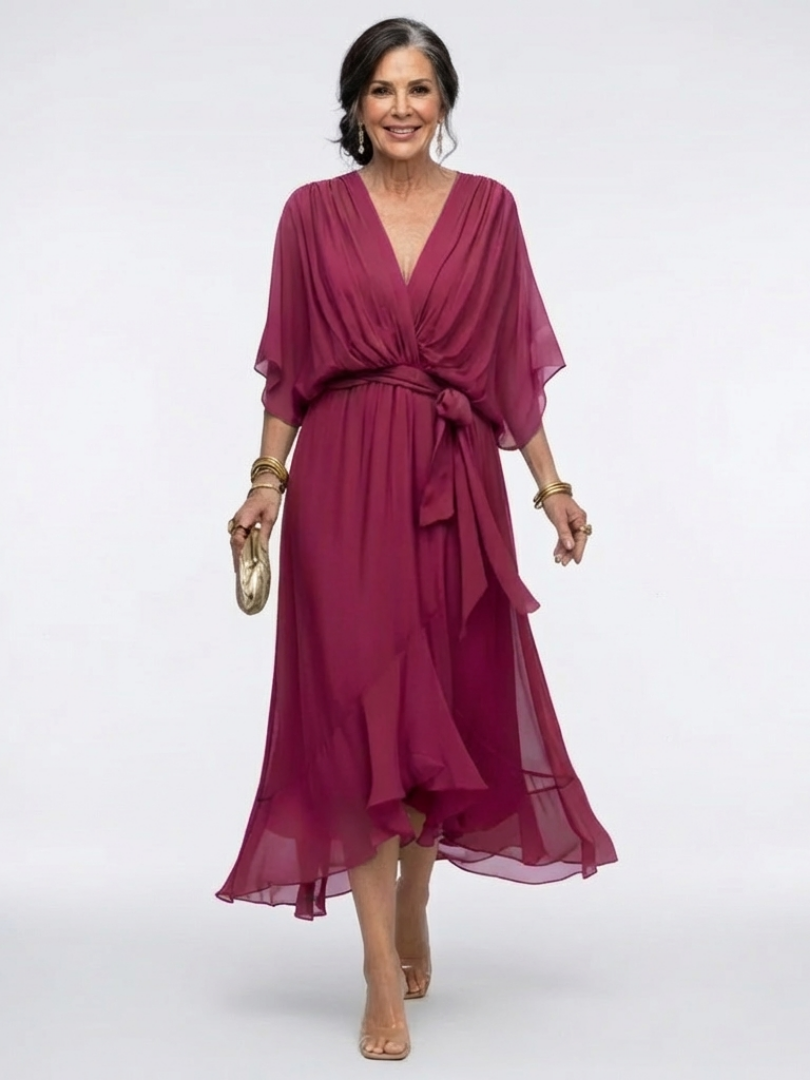 Elysia | V-Neck Draped Midi Dress with Waist Tie