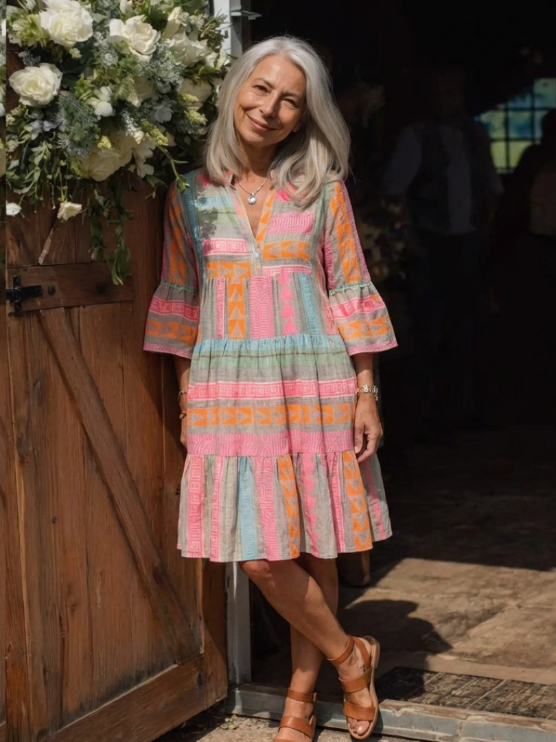 Maelle | Geometric Print V-Neck Tiered Dress