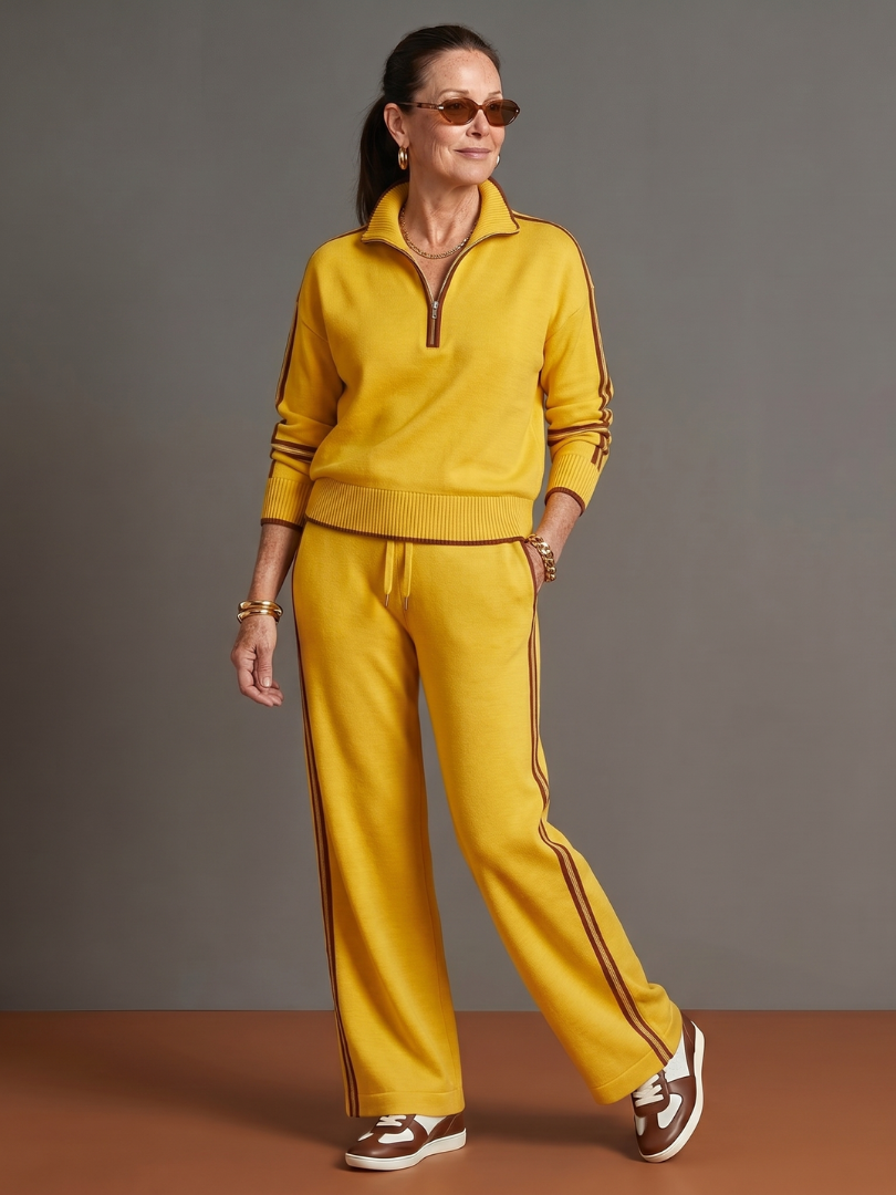 Rain | Luxe Long Sleeve Zip Neck Set with Side Stripe Trousers