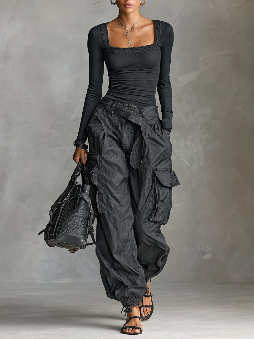 Square Neck Long Sleeve T-Shirt Cargo Pants Two-Piece Set