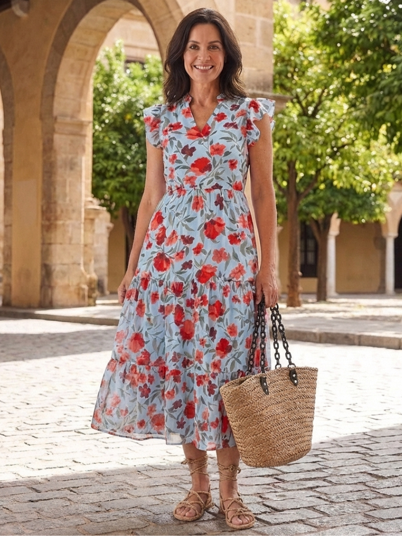 Lila | Floral V-Neck Tiered Midi Dress"
Reimagined Title:
"Lila | Exquisite Floral V-Neck Midi Dress