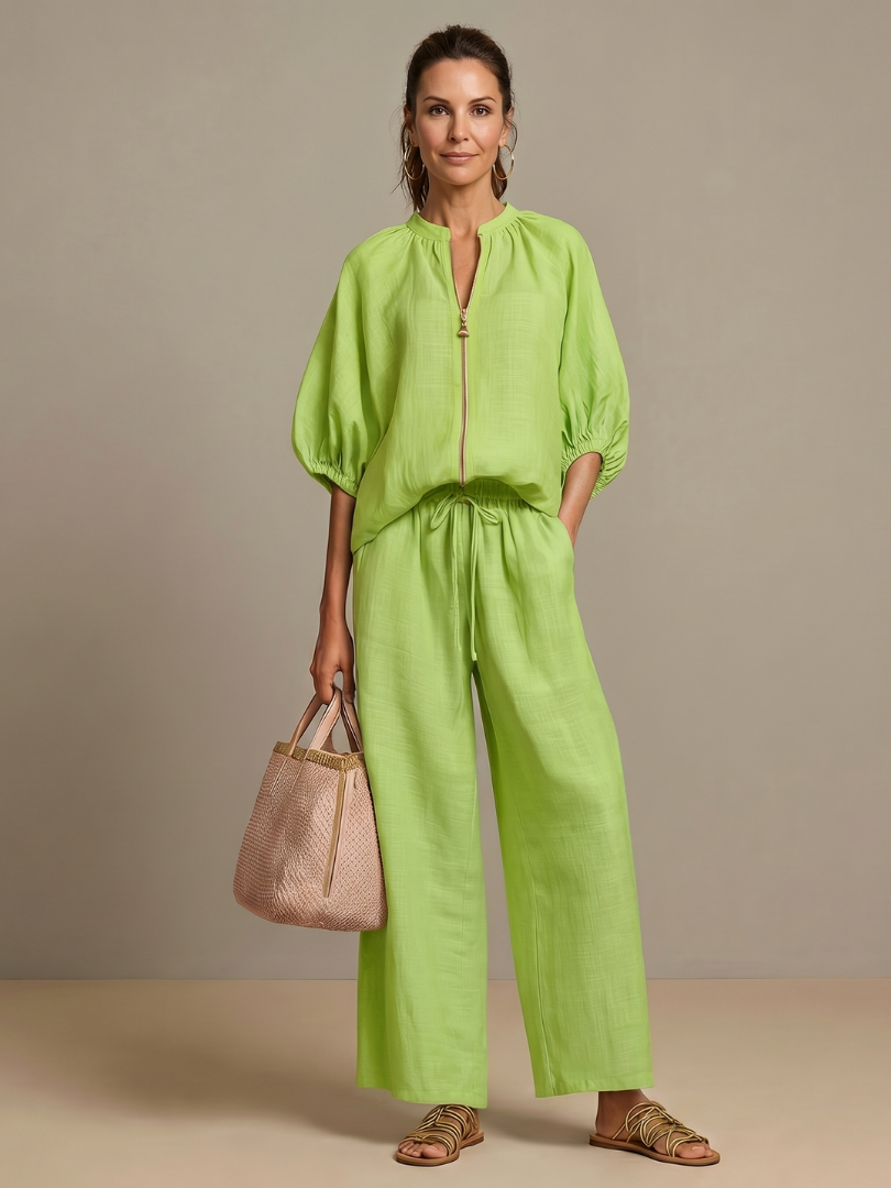Natalia | Elegant Zip-Front Blouson Top and Wide-Leg Trousers Set