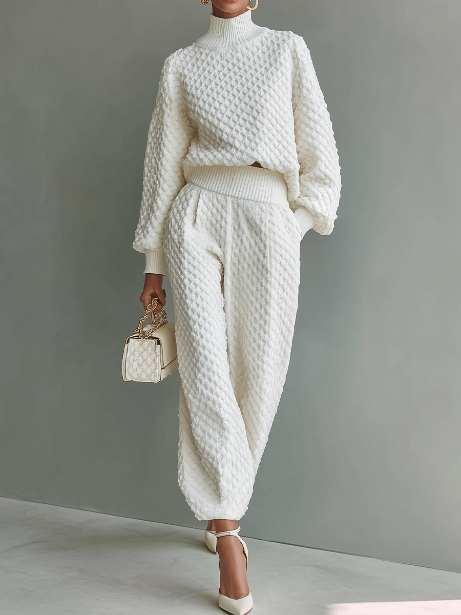 Women's White Top And Wide-leg Pants Knitted Set