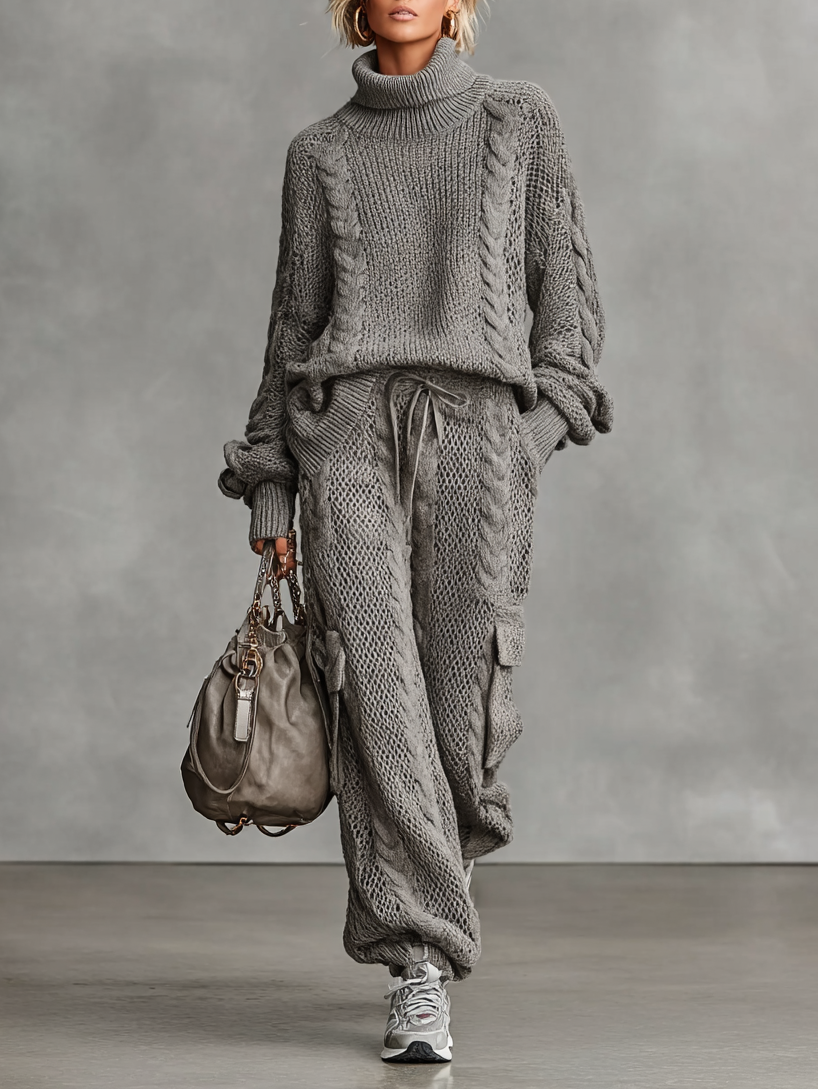 Women's Casual Cable Knit Turtleneck Sweater Cargo Pants Set