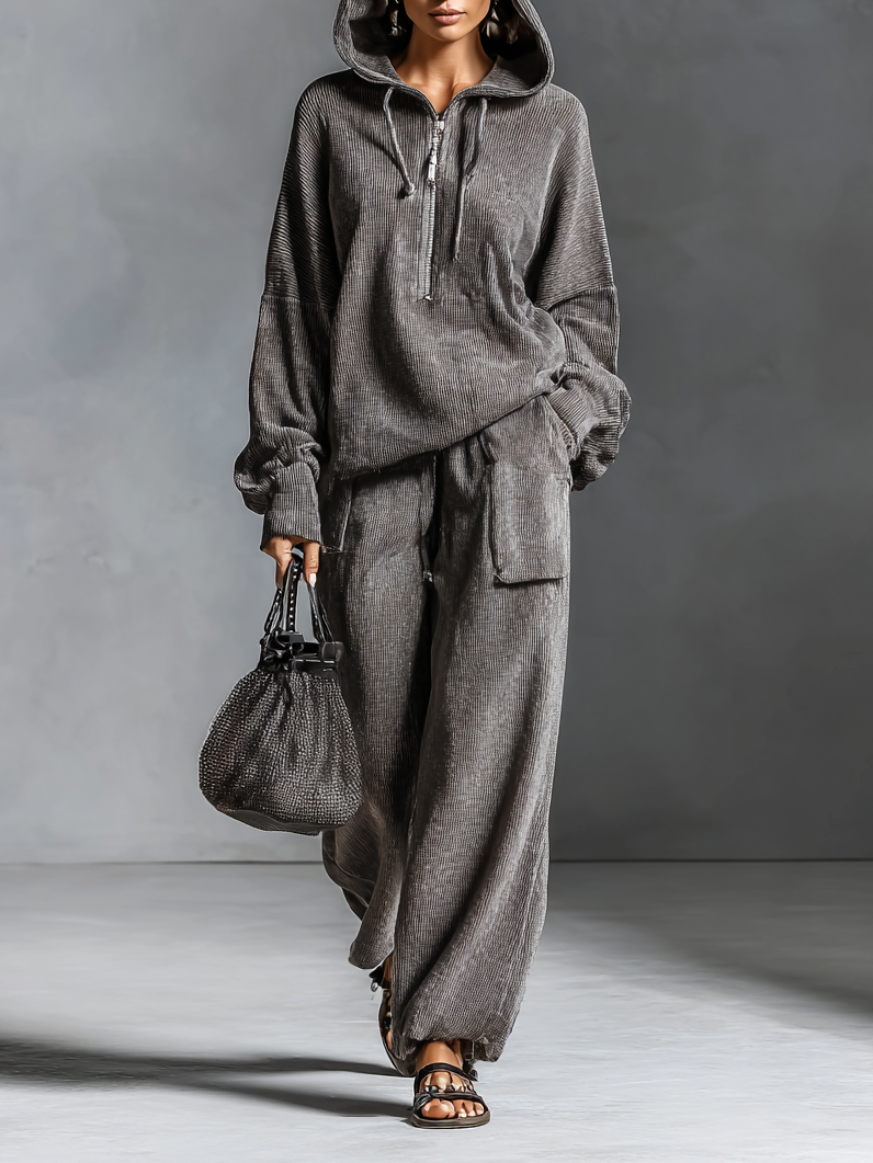 Women's Casual Corduroy Hooded Sweatshirt Straight Pants Set