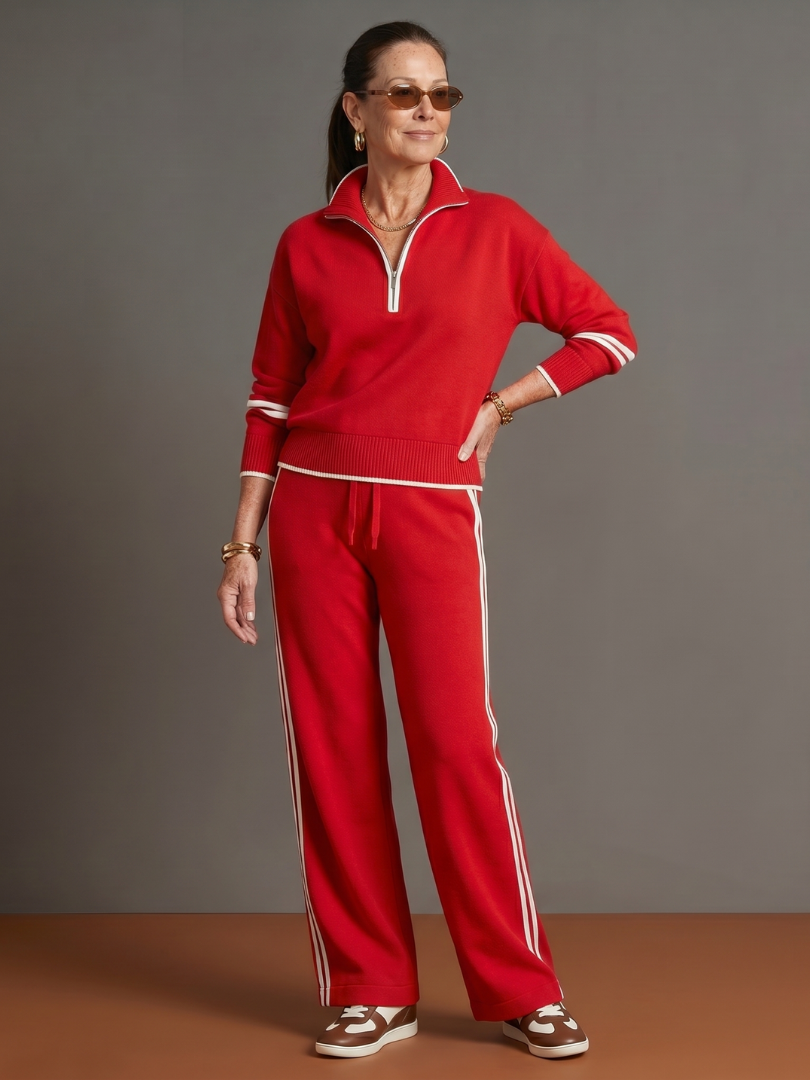 Rain | Luxe Long Sleeve Zip Neck Set with Side Stripe Trousers