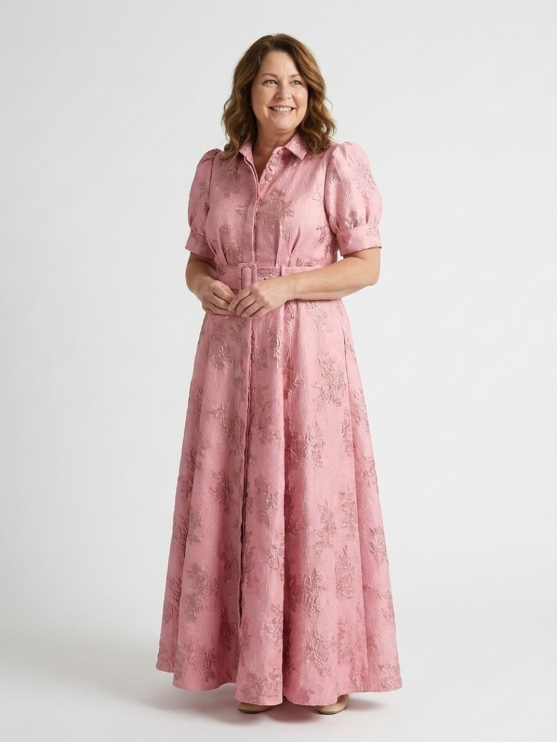 Xanthea | Floral Textured Maxi Shirt Dress with Belted Elegance
