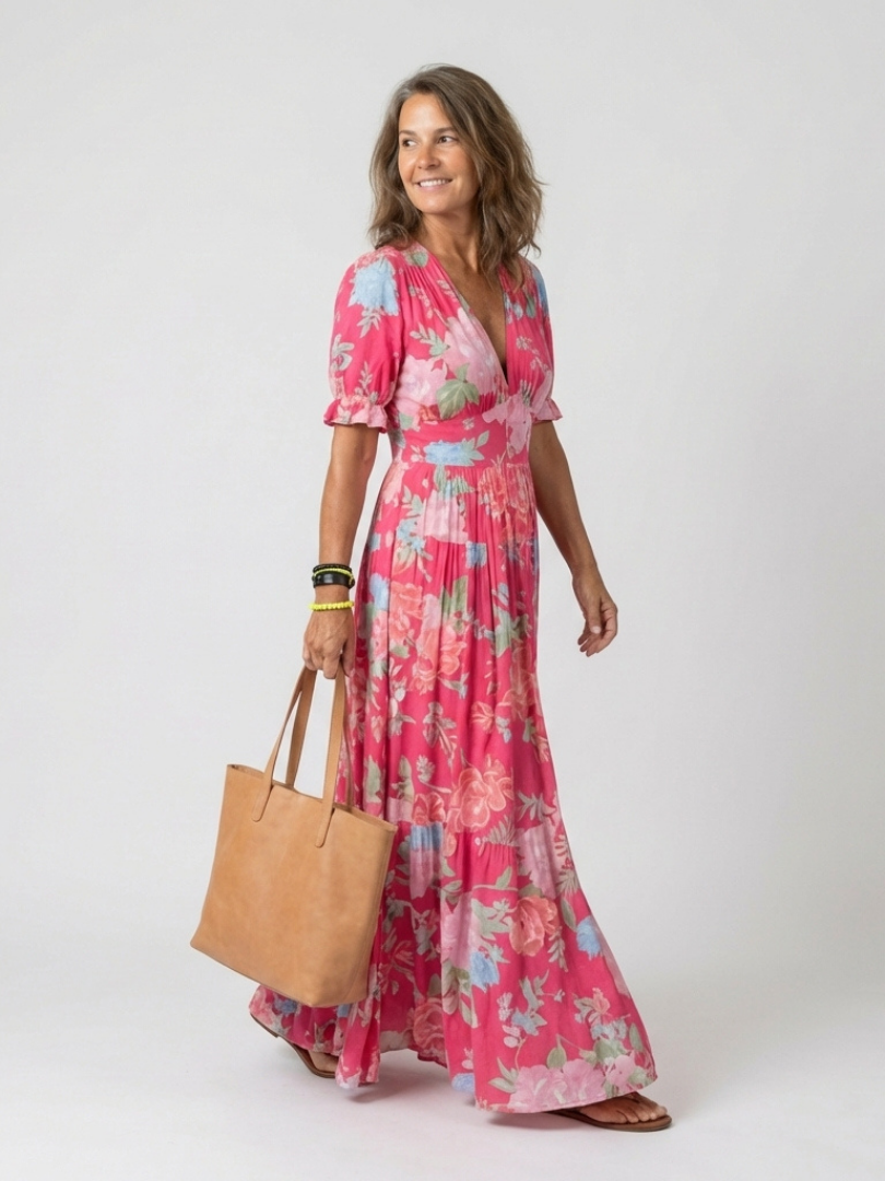 Ione Floral Midi Dress with Short Sleeves and V-Neck