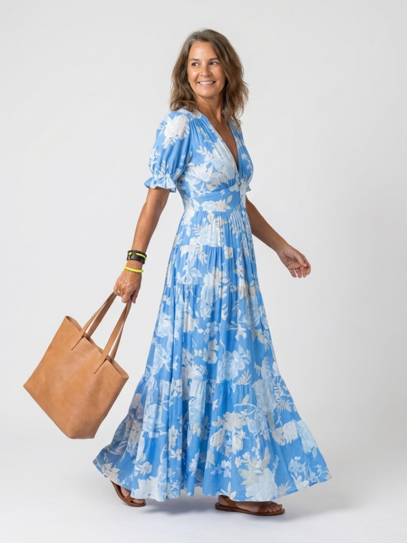 Ione Floral Midi Dress with Short Sleeves and V-Neck