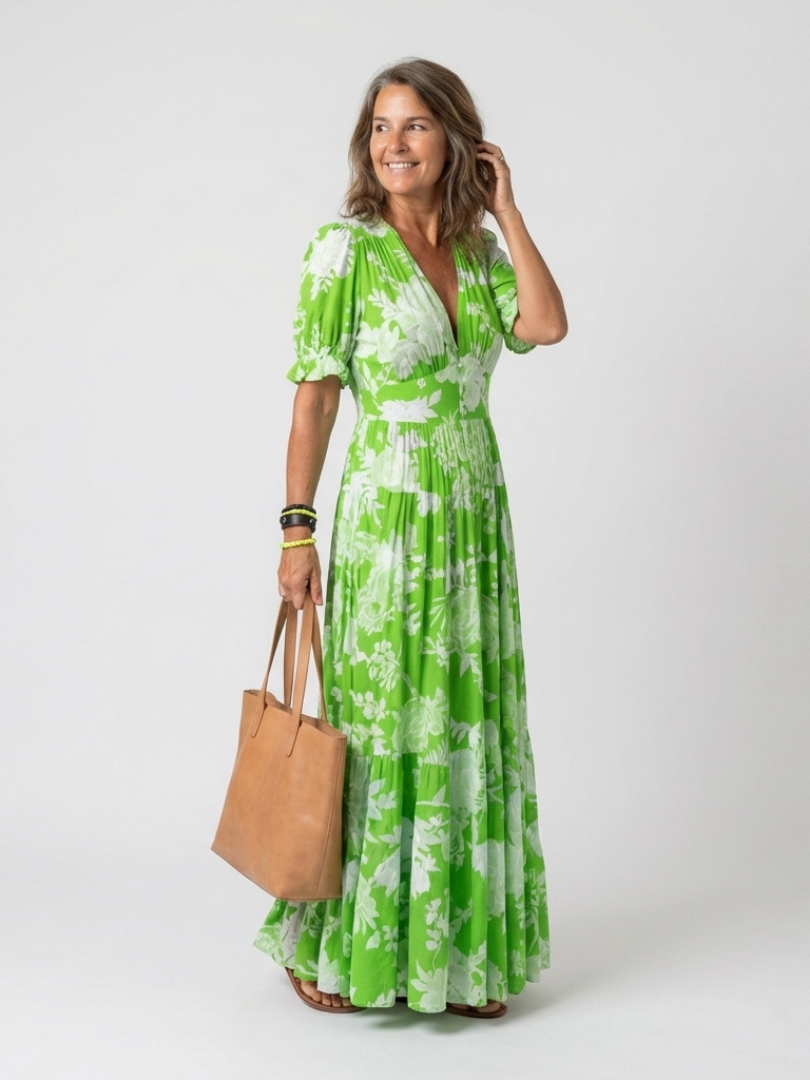Ione Floral Midi Dress with Short Sleeves and V-Neck