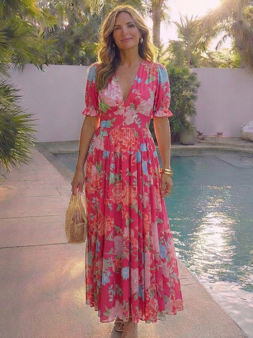 Ione Floral Midi Dress with Short Sleeves and V-Neck