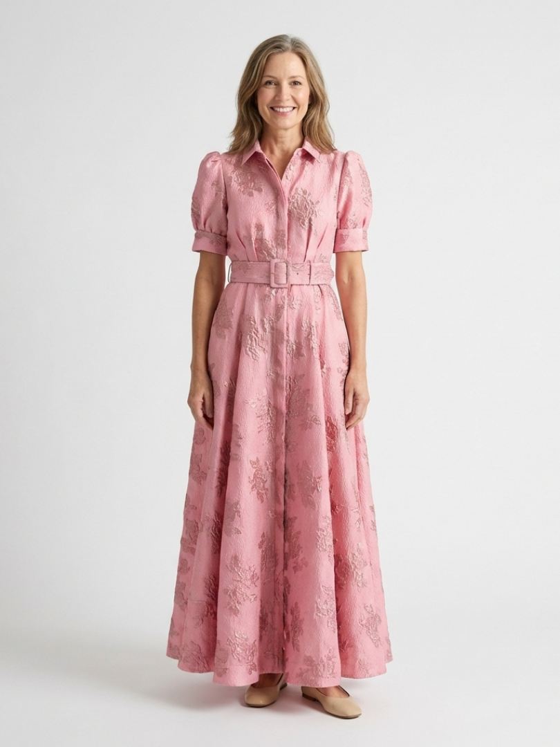 Xanthea | Floral Textured Maxi Shirt Dress with Belted Elegance